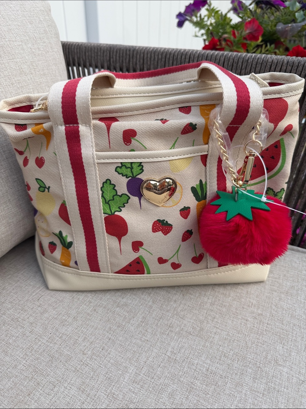 Canvas Fruit Print Crossbody Bag with Red Pom Charm NWT